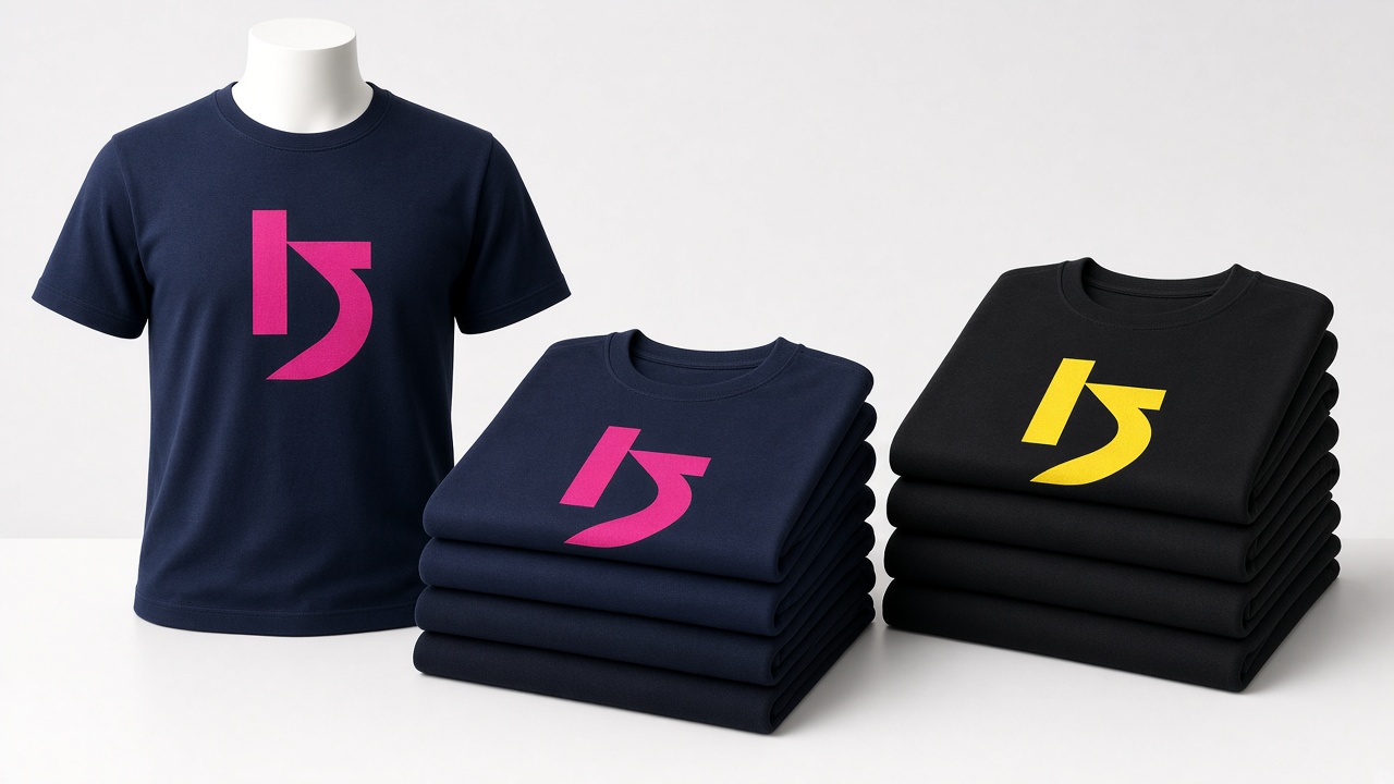 Branded navy and black tees, folded and on a mannequin
