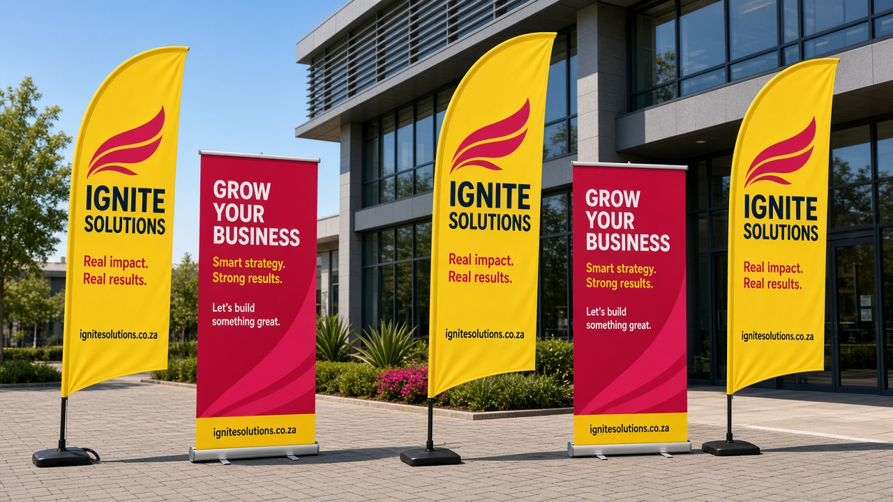 Branded feather flags and pull-up banners outside an office building