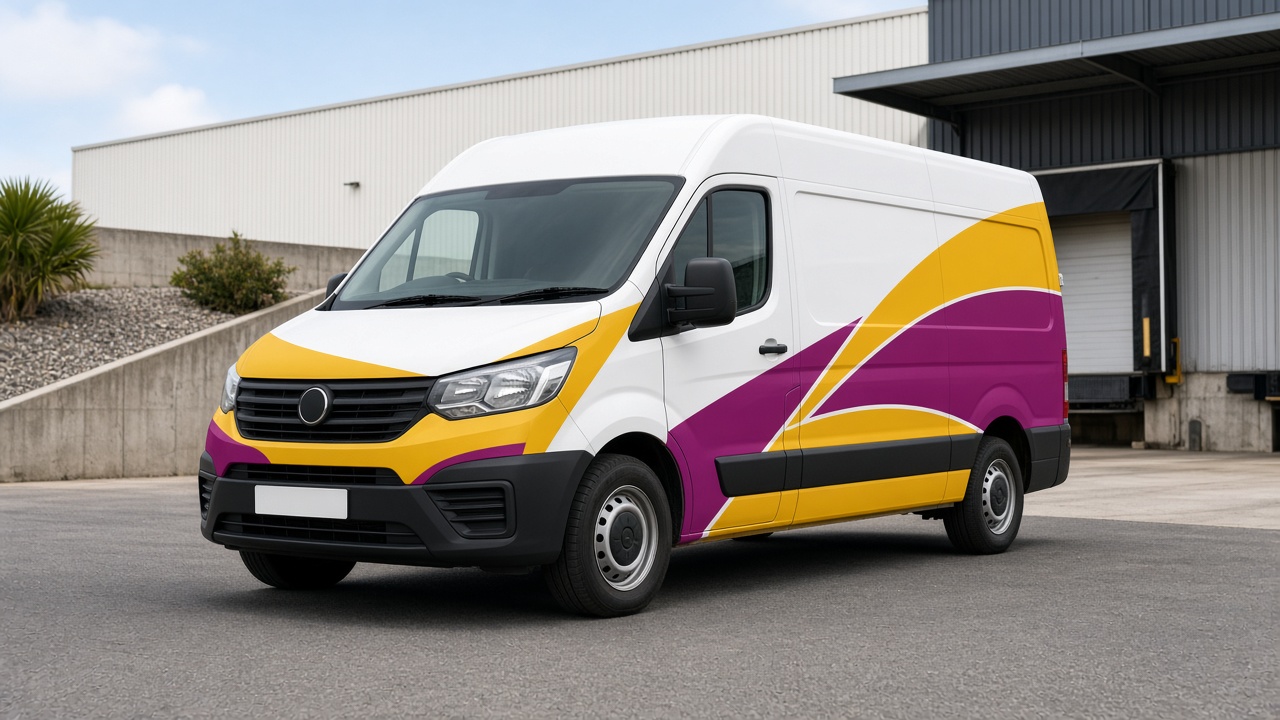 Panel van with a yellow and magenta vehicle wrap